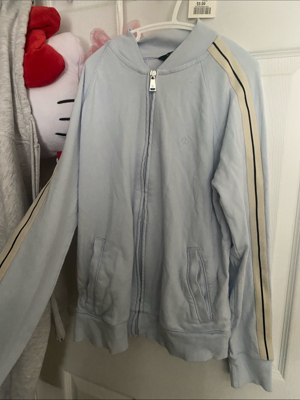 Polo by Ralph Lauren Light Blue Zip-Front Sweatshirt with Cream & Black Stripes
